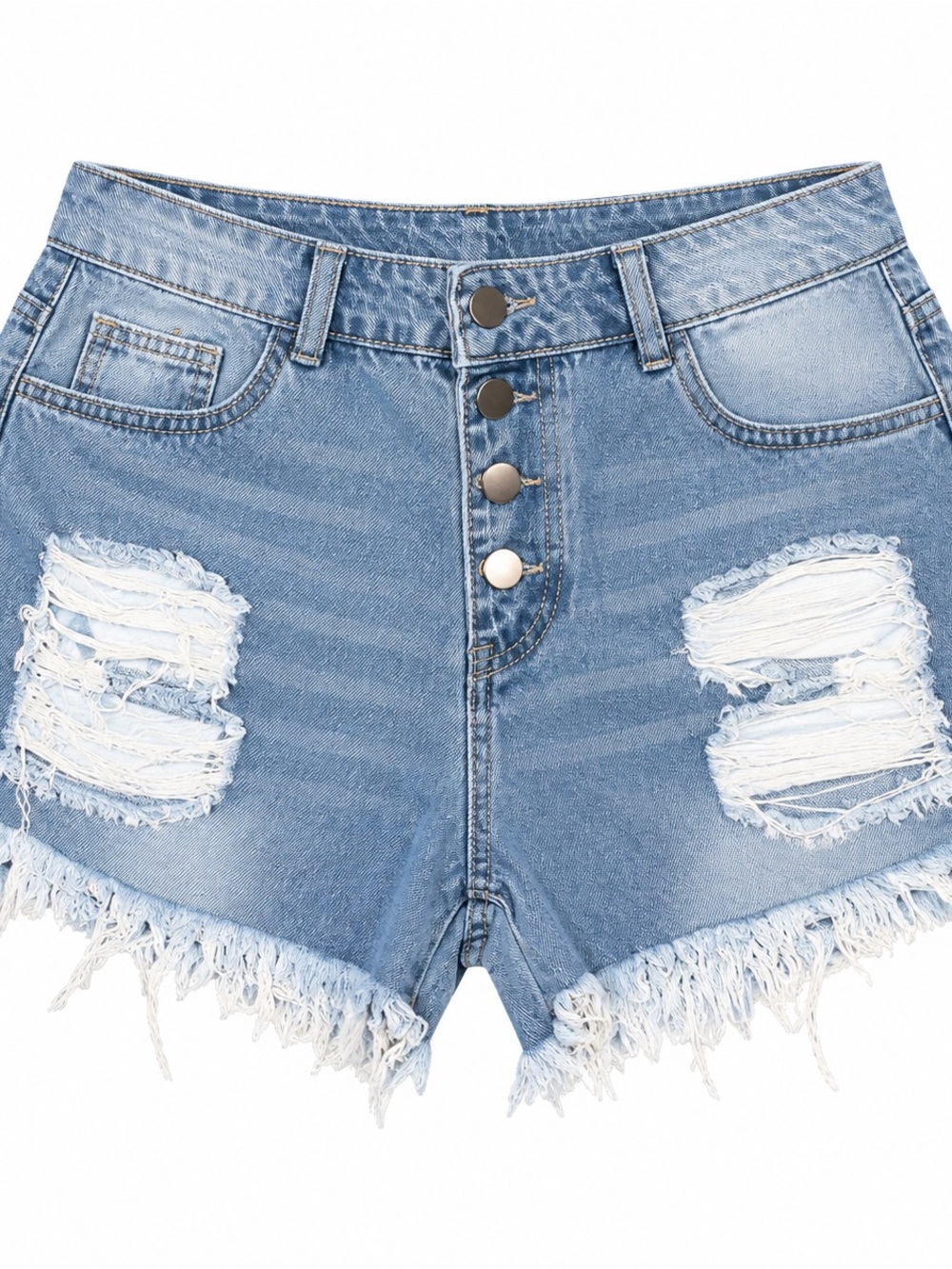 High-Waist Distressed Denim Shorts - Light Blue
